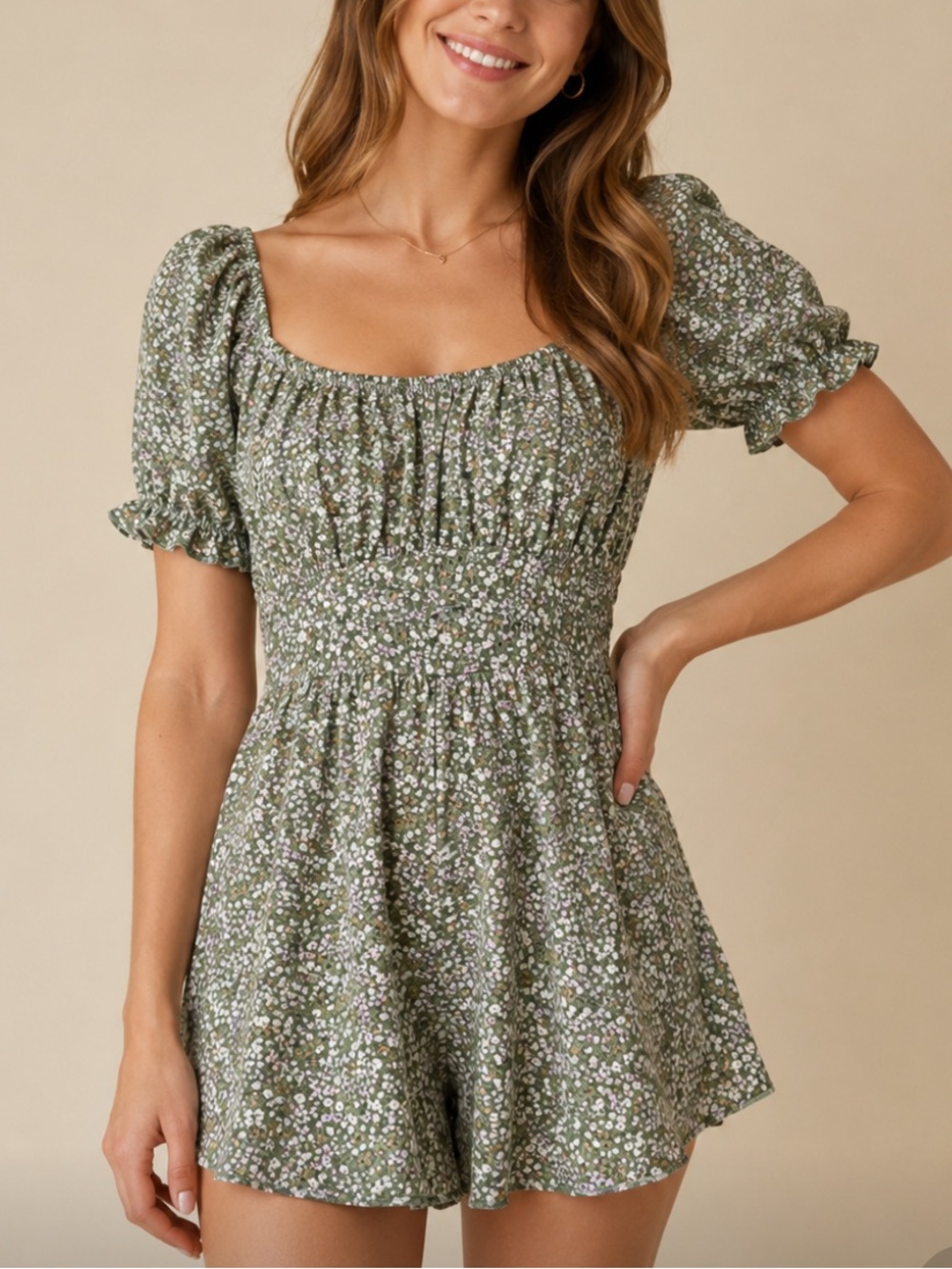 Floral Smocked Romper in Sage Green